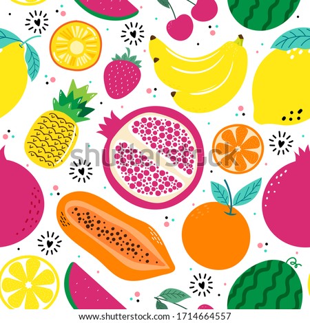 Hand drawn cute seamless pattern  fruits, Orange, Banana, Pomegranate, Cherry, Strawberry, Pineapple, Watermelon, Lemon and leaf on white  background. Vector illustration.