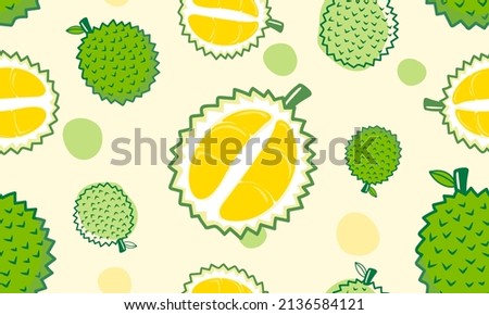 Seamless pattern cute durian fruits and leaf isolated on yellow pastel background. Vector illustration.