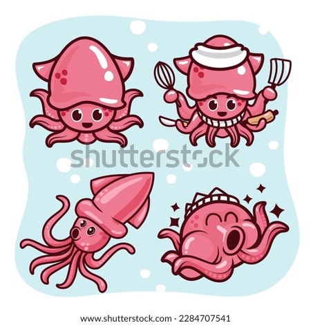 Collection of squid cartoon cute  isolated on white background. Vector illustration.
