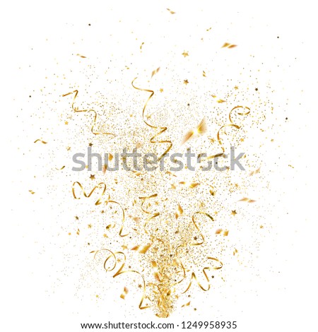 explosion of golden confetti on a white background