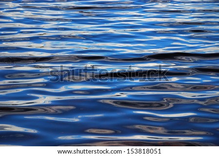 Quiet blue water with waving surface is photographed closely.
