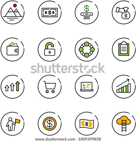 line vector icon set - mountains vector, dollar, bank, encashment, wallet, unlocked, friends, clipboard, arrows up, cart, statistics monitor, growth, win, money, cloud ladder