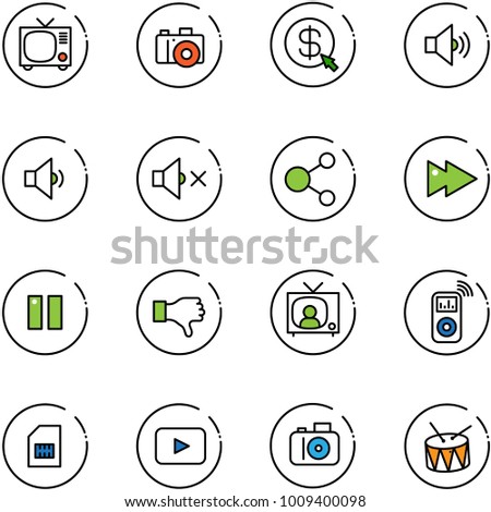 line vector icon set - tv vector, camera, money click, volume medium, low, off, share, fast forward, pause, dislike, news, music player, sim, playback, drum