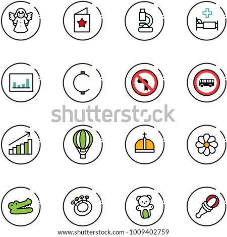 line vector icon set - angel vector, star postcard, lab, hospital bed, statistics, cent, no left turn road sign, bus, growth, air balloon, crown, flower, crocodile, beanbag, bear toy