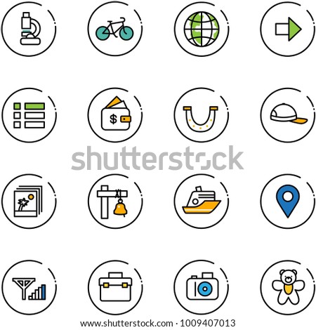 line vector icon set - lab vector, bike, globe, right arrow, menu, finance management, luck, cap, photo, ship bell, cruiser, navigation pin, fine signal, tool box, camera, bear toy