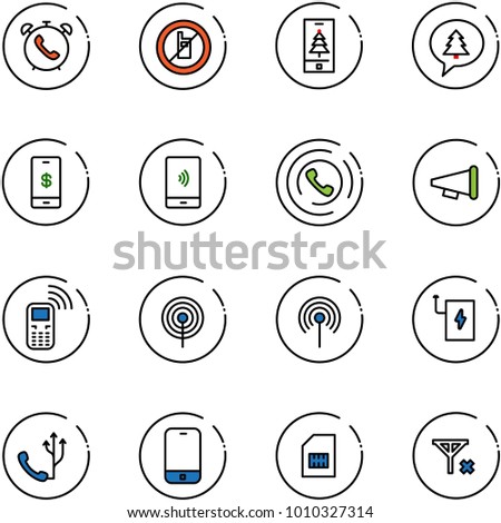 line vector icon set - phone alarm vector, no mobile sign, christmas, merry message, payment, horn, speaker, antenna, power bank, sim, signal