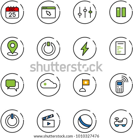 line vector icon set - 25 dec calendar vector, cursor browser, settings, pause, map pin, standby, lightning, document, dialog, cloud, flag, mobile phone, button, movie flap, ball, baby car