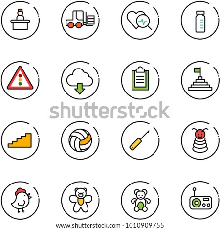 line vector icon set - recieptionist vector, fork loader, heart diagnosis, vial, traffic light road sign, download cloud, clipboard, pyramid flag, stairs, volleyball, awl, toy, chicken, bear, radio