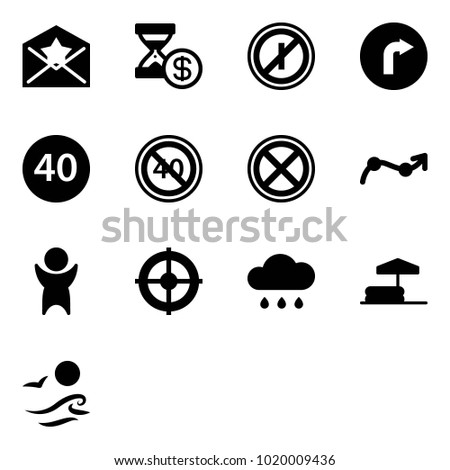 Solid vector icon set - star letter vector, account history, no parkin odd, only right road sign, minimal speed limit, end, stop, chart point arrow, success, target, rain cloud, inflatable pool