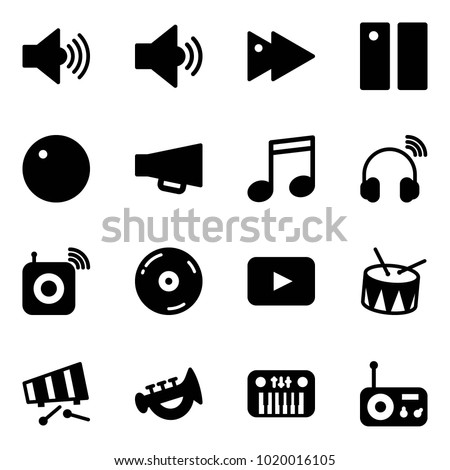 Solid vector icon set - volume max vector, medium, fast forward, pause, record, loudspeaker, music, wireless headphones, speaker, cd, playback, drum, xylophone, horn toy, piano, radio