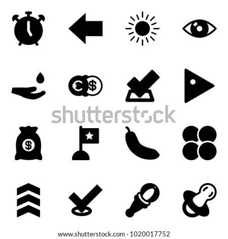 Solid vector icon set - alarm clock vector, left arrow, sun, eye, drop hand, euro dollar, check, play, money bag, flag, banana, atom core, chevron, beanbag, soother