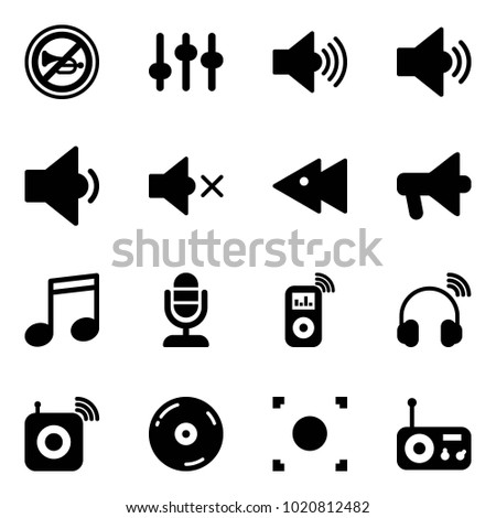 Solid vector icon set - no horn vector road sign, settings, volume max, medium, low, off, fast backward, loudspeaker, music, microphone, player, wireless headphones, speaker, cd, record button