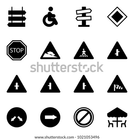 Solid vector icon set - sign post vector, disabled, road signpost, main, stop, steep descent, pedestrian, intersection, side wind, detour, only right, no parking, outdoor cafe