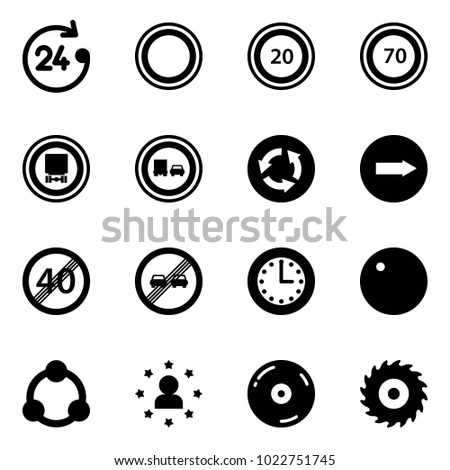 Solid vector icon set - 24 hours vector, prohibition road sign, speed limit 20, 70, no dangerous cargo, truck overtake, circle, only right, end, time, record, community, star man, cd, saw disk