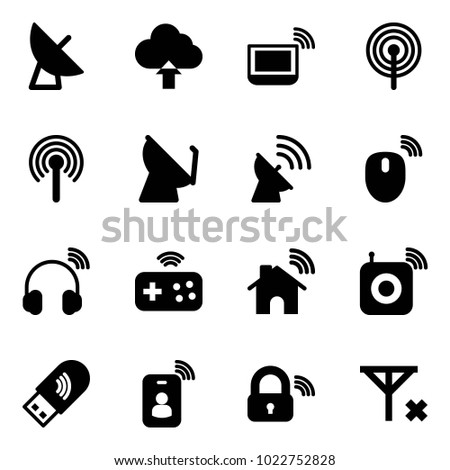 Solid vector icon set - satellite antenna vector, upload cloud, notebook wi fi, mouse wireless, headphones, joystick, home, speaker, usb, identity card, lock, no signal