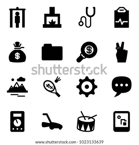 Solid vector icon set - metal detector gate vector, fireplace, stethoscope, pulse clipboard, money bag, folder, search, victory, mountains, badminton, gear, chat, multimeter, lawn mower, drum