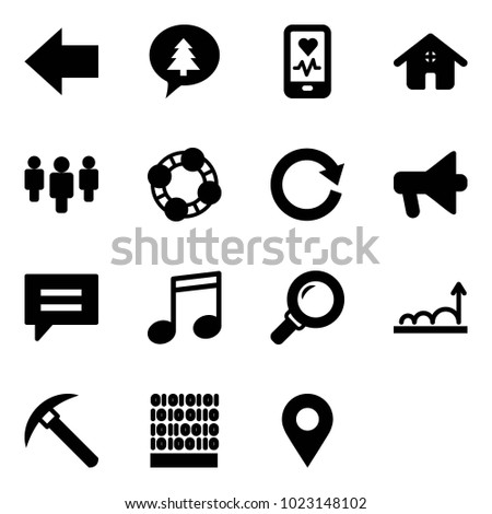 Solid vector icon set - left arrow vector, merry christmas message, mobile heart monitor, home, group, friends, reload, loudspeaker, chat, music, magnifier, growth, rock axe, binary code