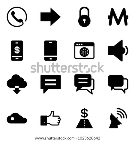 Solid vector icon set - phone vector, right arrow, lock, monero, mobile payment, browser globe, low volume, download cloud, chat, dialog, finger up, dollar, satellite antenna