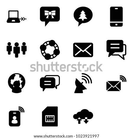 Solid vector icon set - notebook connect vector, bow message, merry christmas, phone, group, friends, mail, chat, man globe, dialog, satellite antenna, wireless, identity card, sim