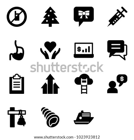 Solid vector icon set - no mobile sign vector, christmas tree, bow message, syringe, stomach, heart care, account statistics, chat, clipboard, arrows up, cloud ladder, money dialog, ship bell, shell