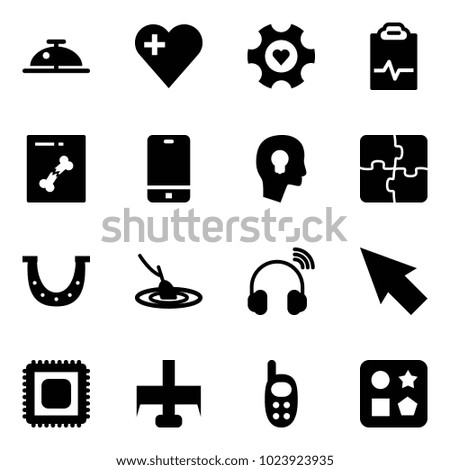 Solid vector icon set - client bell vector, heart, gear, pulse clipboard, x ray, phone, head bulb, puzzle, luck, fishing, wireless headphones, cursor, cpu, milling cutter, toy, cube hole