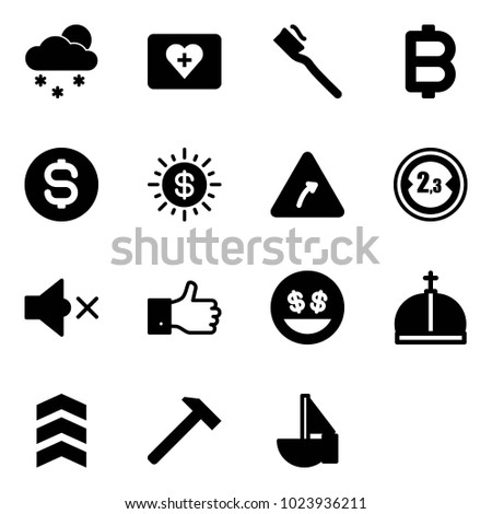 Solid vector icon set - snowfall vector, first aid kit, tooth brush, bitcoin, dollar coin, sun, turn right road sign, limited width, volume off, finger up, money smile, crown, chevron, hammer