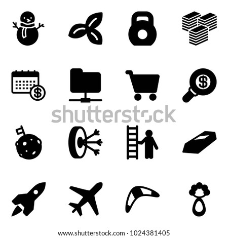 Solid vector icon set - snowman vector, three leafs, weight, big cash, calendar, network folder, cart, search money, moon flag, solution, opportunity, gold, rocket, plane, boomerang, beanbag