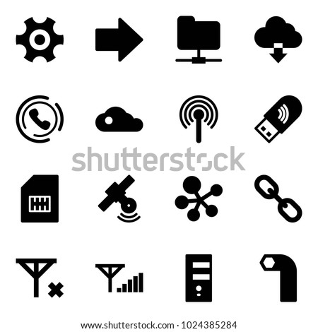 Solid vector icon set - gear vector, right arrow, network folder, download cloud, phone horn, antenna, usb wi fi, sim, satellite, molecule, link, no signal, fine, server, allen key