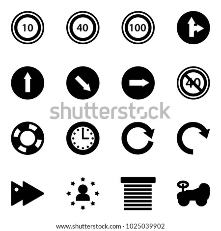 Solid vector icon set - speed limit 10 vector road sign, 40, 100, only forward right, detour, end minimal, lifebuoy, time, reload, redo, fast, star man, jalousie, baby car