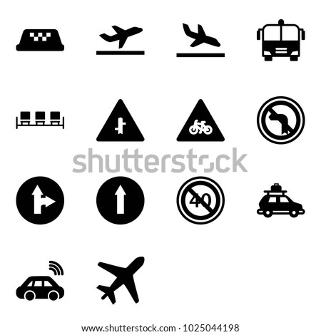 Solid vector icon set - taxi vector, departure, arrival, airport bus, waiting area, intersection road sign, for moto, no left turn, only forward right, end minimal speed limit, car baggage, wireless