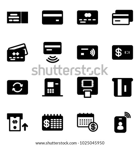 Solid vector icon set - ticket vector, credit card, tap pay, exchange, atm, finance calendar, identity