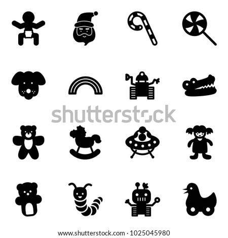 Solid vector icon set - baby vector, santa claus, lollipop, dog, rainbow, robot, crocodile, bear toy, rocking horse, ufo, doll, caterpillar, duck