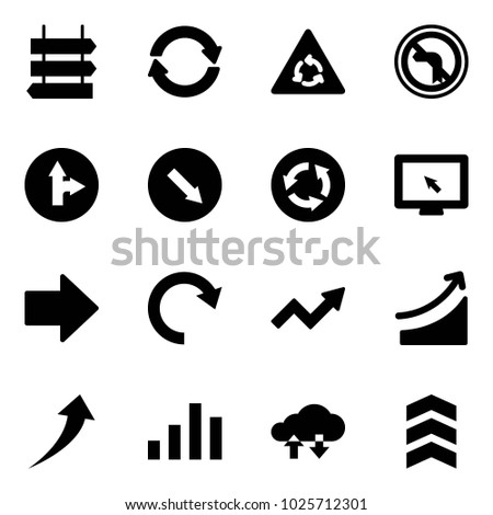 Solid vector icon set - sign post vector, exchange, round motion road, no left turn, only forward right, detour, circle, monitor cursor, arrow, redo, growth, rise, chart, cloud data, chevron