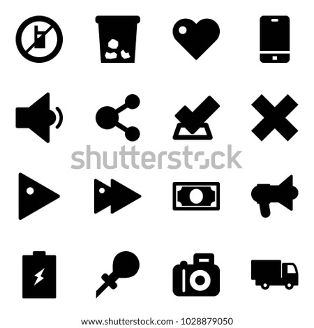 Solid vector icon set - no mobile sign vector, trash, heart, phone, low volume, share, check, delete cross, play, fast forward, money, megaphone, battery, oiler, camera, truck toy