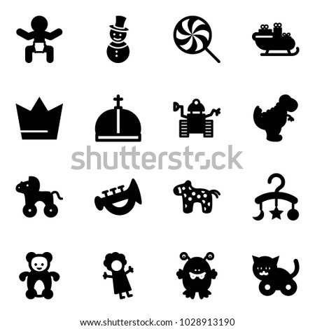 Solid vector icon set - baby vector, snowman, lollipop, santa sleigh, crown, robot, dinosaur toy, wheel horse, horn, carousel, bear, doll, monster, cat