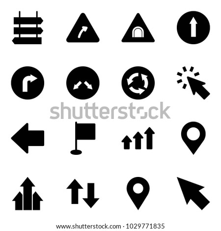 Solid vector icon set - sign post vector, turn right road, tunnel, only forward, detour, circle, cursor, left arrow, flag, arrows up, map pin, down, navigation
