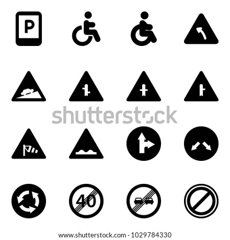Solid vector icon set - parking sign vector, disabled, turn left road, climb, intersection, side wind, rough, only forward right, detour, circle, end speed limit, overtake, no