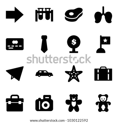 Solid vector icon set - right arrow vector, vial, meat, lungs, credit card, tie, money tree, flag, paper fly, limousine, starfish, suitcase, tool box, camera, bear toy