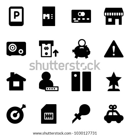 Solid vector icon set - parking sign vector, coffee machine, credit card, duty free, safe, atm, piggy bank, attention road, home, user password, pause, award, target, sim, oiler, car toy