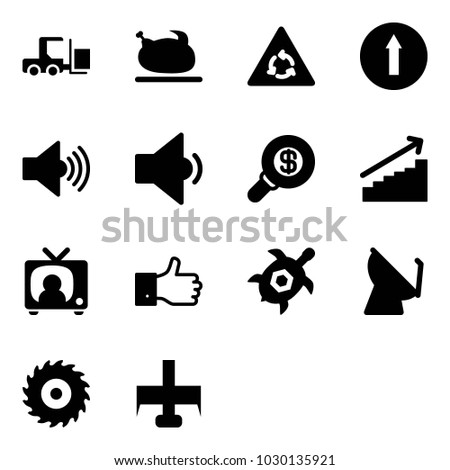 Solid vector icon set - fork loader vector, turkey, round motion road sign, only forward, volume max, low, search money, growth, tv news, finger up, sea turtle, satellite antenna, saw disk