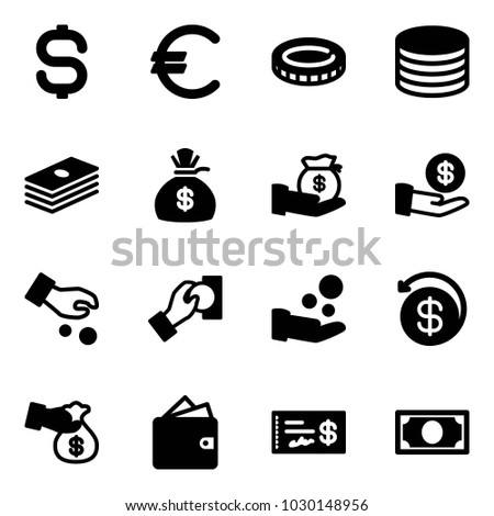 Solid vector icon set - dollar sign vector, euro, coin, money bag, investment, cash pay, back, encashment, wallet, check