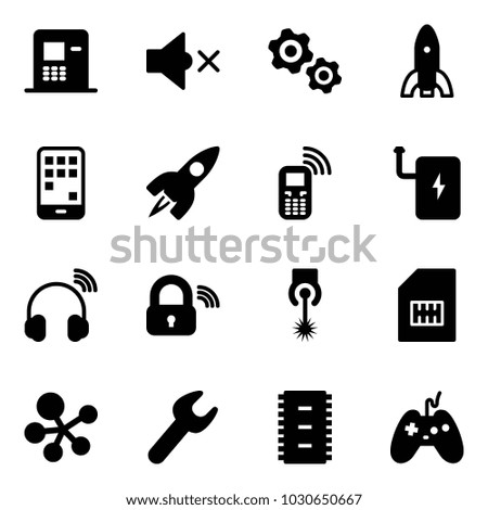 Solid vector icon set - atm vector, volume off, gears, rocket, mobile, phone, power bank, wireless headphones, lock, laser, sim, molecule, wrench, chip, joystick