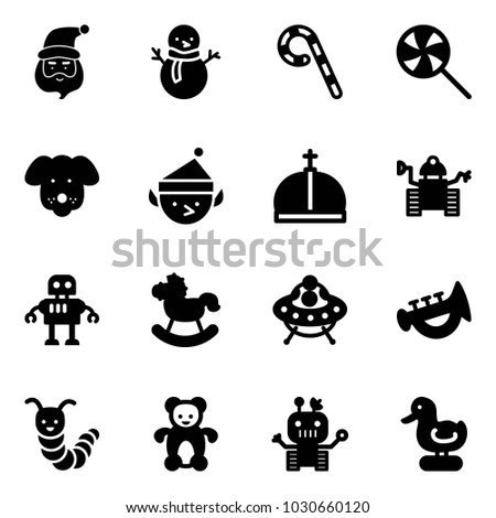 Solid vector icon set - santa claus vector, snowman, lollipop, dog, christmas elf, crown, robot, rocking horse, ufo toy, horn, caterpillar, bear, duck