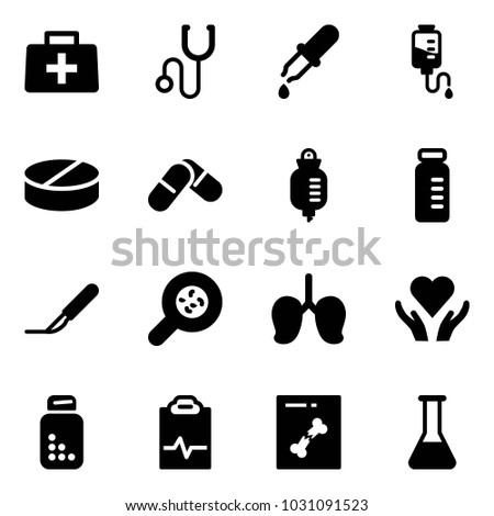 Solid vector icon set - doctor bag vector, stethoscope, pipette, drop counter, pill, pills, vial, scalpel, bacteria, lungs, heart care, bottle, pulse clipboard, x ray, flask