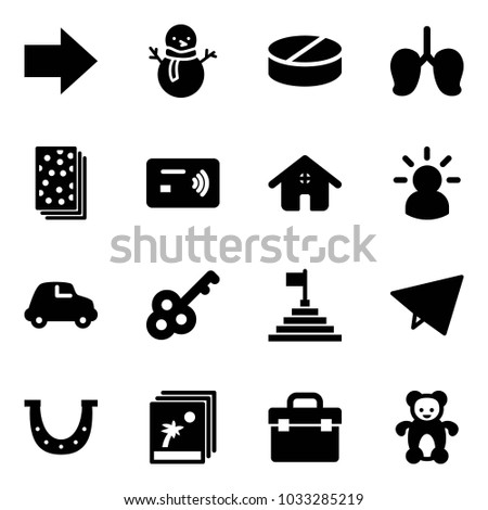 Solid vector icon set - right arrow vector, snowman, pill, lungs, breads, tap pay, home, idea, car, key, pyramid flag, paper fly, luck, photo, tool box, bear toy