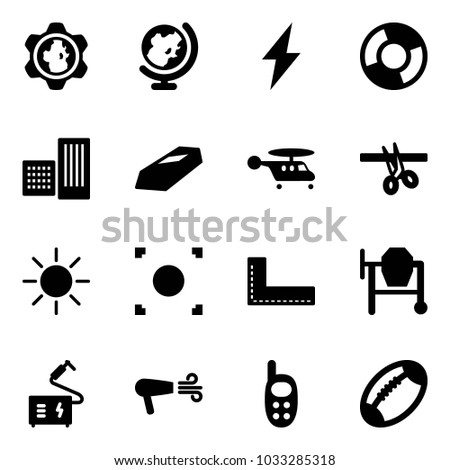 Solid vector icon set - gear globe vector, lightning, circle chart, building, gold, helicopter, opening, sun, record button, corner ruler, cocncrete mixer, welding, dryer, phone toy, football