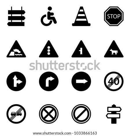 Solid vector icon set - sign post vector, disabled, road cone, stop, embankment, traffic light, intersection, cow, only forward right, end speed limit, overtake, no, parking, signpost