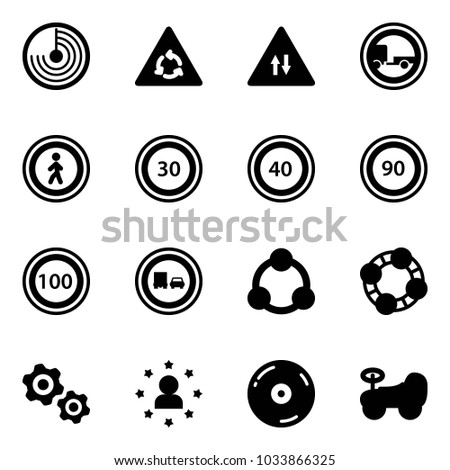 Solid vector icon set - radar vector, round motion road sign, oncoming traffic, no trailer, pedestrian, speed limit 30, 40, 90, 100, truck overtake, social, friends, gears, star man, cd, baby car