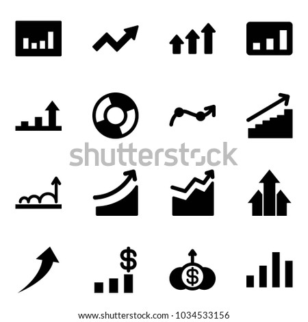 Solid vector icon set - statistics vector, growth arrow, arrows up, circle chart, point, rise, dollar