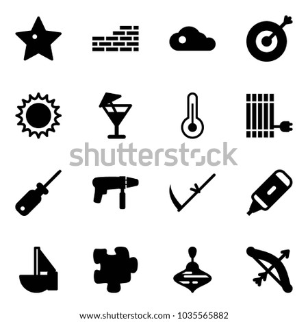Solid vector icon set - star vector, brick wall, cloud, target, sun, drink, thermometer, panel, screwdriver, drill machine, scythe, marker, sailboat toy, puzzle, wirligig, bow